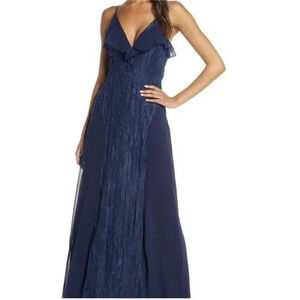 Foxiedox Navy PINTUCK LACE & CHIFFON Prom Gown Size L